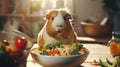 A guinea pig is sitting in front of a bowl full of vegetables, AI Royalty Free Stock Photo