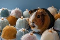 guinea pig surrounded by mini plush igloos Royalty Free Stock Photo