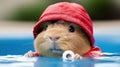 A guinea pig wearing a red hat and jacket in the water, AI Royalty Free Stock Photo