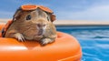 A guinea pig wearing sunglasses and an orange floatie in a pool, AI Royalty Free Stock Photo