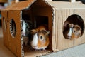 guinea pigs hiding in a cardboard playhouse, room setting Royalty Free Stock Photo