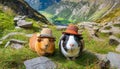 Guinea Pigs hiking in Swiss mountain landscape ,ai generated