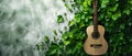 Guitar Amidst Green Leaves: Harmony with Nature. Concept Nature Photography, Musical Instruments,