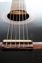 Guitar artsy POV background. Music illustration. Black and white guitar closeup.