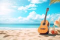 The guitar on the beach in summer season, the concept: a song about summer, beach, sand, sea coconut tree Generative AI Royalty Free Stock Photo