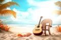 The guitar on the beach in summer season, the concept: a song about summer, beach, sand, sea coconut tree, Generative AI Royalty Free Stock Photo