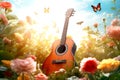 The guitar on the botanic garden in spring season, the concept: a song about spring, music in colors, a flower garden, dream toned Royalty Free Stock Photo