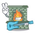 With guitar cartoon stone fireplace with the flame