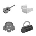 Guitar, cheese and other monochrome icon in cartoon style.Theatrical mask, padlock icons in set collection. Royalty Free Stock Photo
