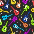 Guitar collection. Electric guitar, bass guitar, classical guitar. Vector seamless pattern