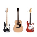 Guitar set. Bass guitar, acoustic guitar and electric guitar on a white background. Flat style Royalty Free Stock Photo