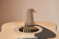 The Guitar deck. Acoustic guitar. Musical instrument. Fretboard acoustic guitar Royalty Free Stock Photo