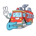 With guitar fire truck mascot cartoon
