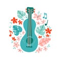 Guitar flat hand drawn vector illustration. Musical instruments store poster design idea. Cartoon guitar with flowers, palm leaves Royalty Free Stock Photo