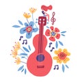 Guitar flat hand drawn vector illustration. Musical instruments store poster design idea. Cartoon guitar with flowers, notes, Royalty Free Stock Photo