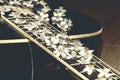 Guitar with flowers on strings. Beautiful white flowers on the guitar Royalty Free Stock Photo