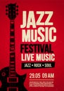 Vector Illustration poster flyer design template for Rock Jazz festival live music event with guitar in retro style on red backgro Royalty Free Stock Photo