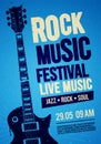 Blue rock concert poster design template with guitar, place for text and cool effects Royalty Free Stock Photo