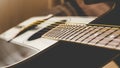 Guitar fret-board with a shallow focus. Royalty Free Stock Photo