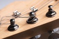 Guitar fretboard with tuning pegs and strings on a gray background. Close-up Royalty Free Stock Photo