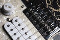 Guitar fretboard with tuning pegs and strings on a gray background. Close-up Royalty Free Stock Photo