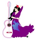 Guitar, girl and bird. Beautiful Spanish young woman with long black hair, decorated with a rose, dressed in a lilac dress Royalty Free Stock Photo