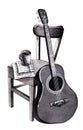 Guitar hand-drawn still life ink black and white illustration on white isolated background. Acoustic guitar with a cup of coffee Royalty Free Stock Photo