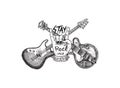 Guitar and hand for jazz festival. Drawn grunge sketch with a tattoo or t-shirt or woodcut. Rock concept. Vintage Vector