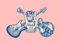 Guitar and hand for jazz festival. Drawn grunge sketch with a tattoo or t-shirt or woodcut. Rock concept. Vintage Vector Royalty Free Stock Photo