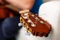 Guitar head with .ring gear on blurred guitarist background