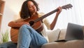 Guitar hobby music practice woman chords home Royalty Free Stock Photo