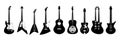 Guitar instruments. Bass, acoustic and electric guitar for rock and jazz music, rockabilly song, black silhouette Royalty Free Stock Photo