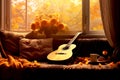 The guitar lies on the sofa in autumn season with sunflowers, maple tree and window view background, Generative AI Royalty Free Stock Photo