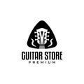 Guitar logo with the basic shape of a guitar pick and a guitar headstock in the inside, perfect for any musical instrument store