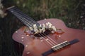 Guitar lying on grass. Concept: song of spring and love. Toning image