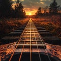 Guitar lying on a nature path during a beautiful sunset Royalty Free Stock Photo