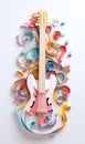 A guitar made out of paper and colored ribbons. Generative AI image.