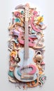 A guitar made out of paper with lots of different shapes. Generative AI image.