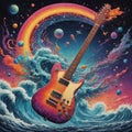 A guitar in the middle of a wave with planets in the background, album cover.