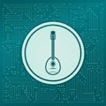 Guitar, music instrument icon on a green background, with arrows in different directions. It appears on the electronic board. Royalty Free Stock Photo
