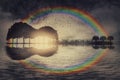 Guitar music island over the rainbow concept. Surreal seascape view with trees on an isle growing in the shape of an musical