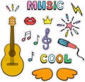 Guitar, musical signs and symbols. Set of color cute vector doo dle stickers.