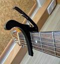 Guitar neck and Guitar capo. Royalty Free Stock Photo