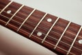 Guitar neck and strings close up top view on white background. Royalty Free Stock Photo