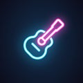 Guitar neon icon. Luminous sign for music shops, nightclub, bars, pubs, concerts. Musical instrument glowing label