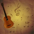 Guitar on paper background with music notes Royalty Free Stock Photo