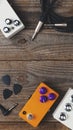 Guitar pedals and accessories on wooden floor Royalty Free Stock Photo