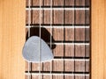 Guitar pick on acoustic guitar neck with nylon strings