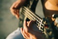 Guitar. Play the guitar. Live music background. Music festival. Instrument on stage and band. Music concept. Electric Royalty Free Stock Photo