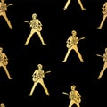 Guitar player gold foil silhouette vector seamless pattern illustration. Golden silhouettes on a black background. Great for paper